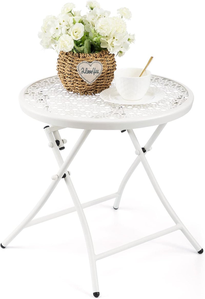 TeoKJ Folding Outdoor Side Tables, Anti Rust Small Patio Table Round Metal Nightstand with Flower Cutouts for Porch Yard Balcony Deck Lawn, White - Image 1
